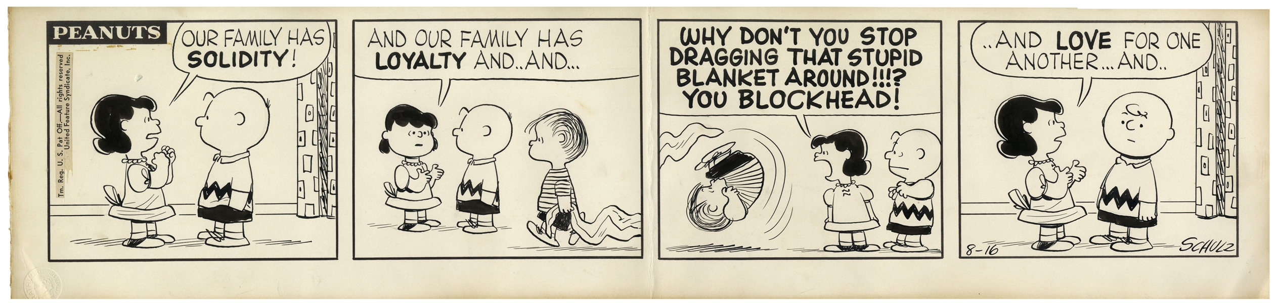 Early 1957 ''Peanuts'' Comic Strip Hand-Drawn by Charles Schulz -- Starring Charlie Brown, Lucy, Linus & Linus' Blanket