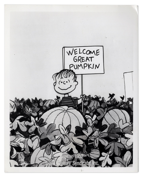 Charles Schulz Signed Photo -- Also With a Glossy Photo of Linus in the Pumpkin Patch & a CBS Document Promoting ''It's the Great Pumpkin, Charlie Brown''