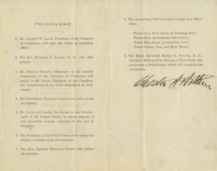 Chester A. Arthur Signed Program as President -- For the Unveiling of the Statue of George Washington on Wall Street