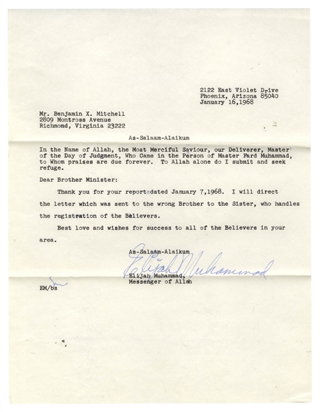 Elijah Muhammad Letter Signed From 1968 as the Nation of Islam Leader -- ''...the registration of the Believers...''