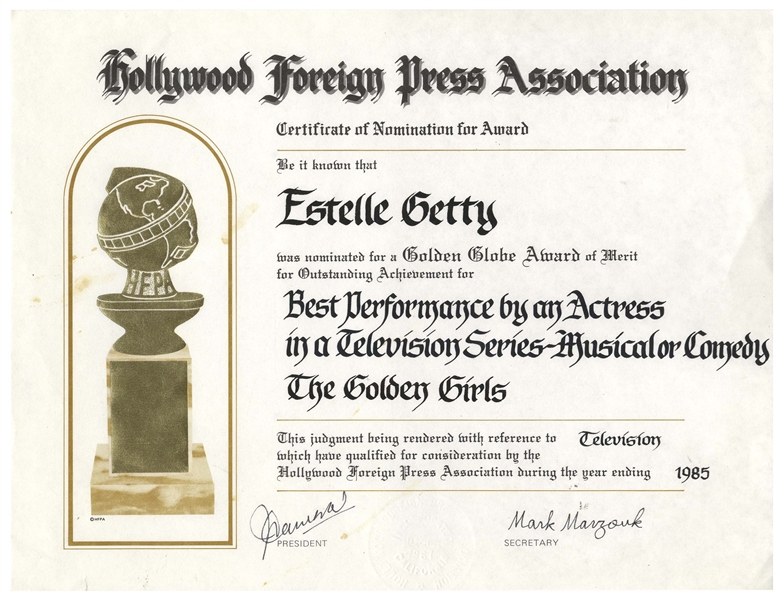 Estelle Getty Golden Globe Nomination for ''The Golden Girls'' -- Getty Would Go on to Win the Golden Globe