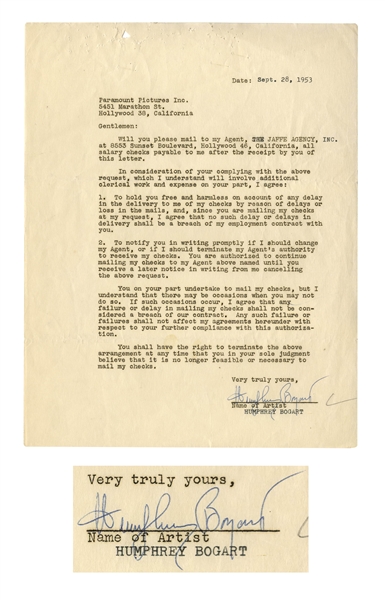 Humphrey Bogart Letter Signed From 1953 -- Directing Paramount to Send Checks to His Notorious Agent, The Jaffe Agency -- With Beckett COA
