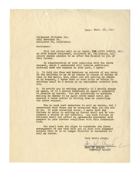 Humphrey Bogart Letter Signed From 1953 -- Directing Paramount to Send Checks to His Notorious Agent, The Jaffe Agency -- With Beckett COA