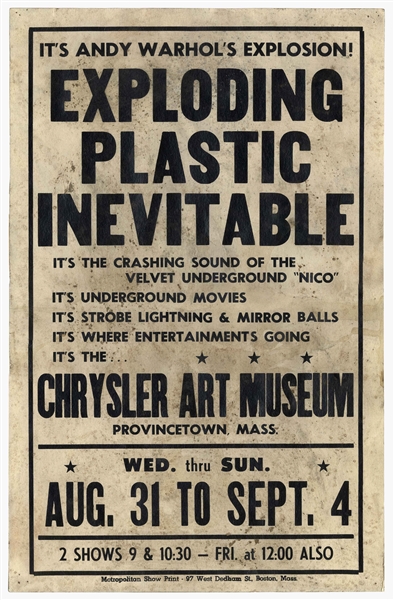 Andy Warhol Poster for His ''Exploding Plastic Inevitable'' Show in 1966 in Provincetown, Massachusetts -- Only Second Poster to Appear at Auction
