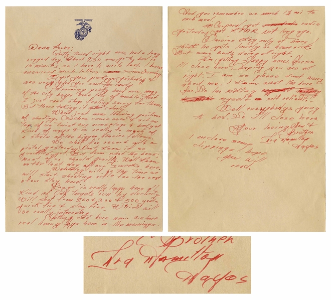 Ira Hayes Autograph Letter Signed From 1942 During Marines Recruit Training -- ''...Were just now learning positions of shooting...I know what I'm here for. So I'm making myself self reliant...''