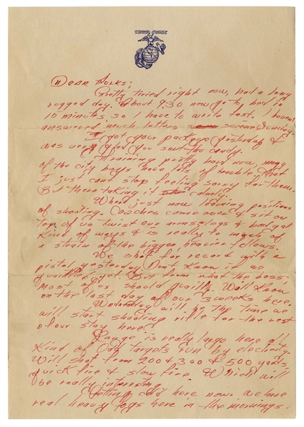 Ira Hayes Autograph Letter Signed From 1942 During Marines Recruit Training -- ''...Were just now learning positions of shooting...I know what I'm here for. So I'm making myself self reliant...''