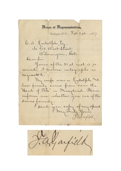 James Garfield Letter Signed as U.S. Congressman -- ''...Please inform me whether you are of the same family...''