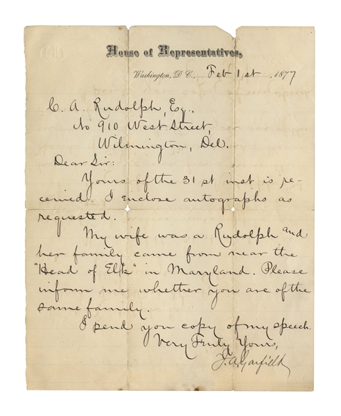 James Garfield Letter Signed as U.S. Congressman -- ''...Please inform me whether you are of the same family...''