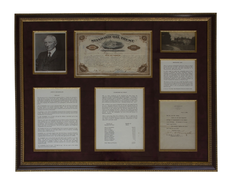 John D. Rockefeller Letter Signed & Signed Stock Certificate for Standard Oil -- Stock Issued to Benjamin Brewster, One of the Original Trustees of Standard Oil