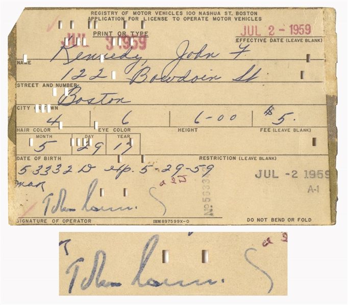 John F. Kennedy Signed Driver's License Application
