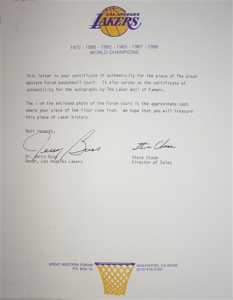 Lakers Limited Edition Piece of Court From the Forum -- Framed With Signatures of Kareem Abdul-Jabbar, Wilt Chamberlain, Magic Johnson, Elgin Baylor & Jerry West -- With Lakers LOA