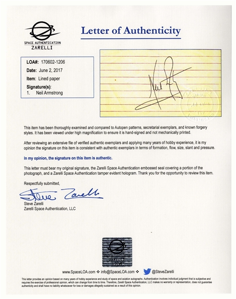 Neil Armstrong Signature -- With Steve Zarelli COA
