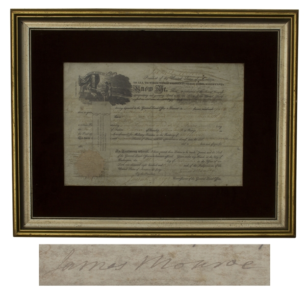James Monroe Land Grant Signed as President -- Monroe Grants 160 Acres of Illinois Property to a Veteran of the War of 1812