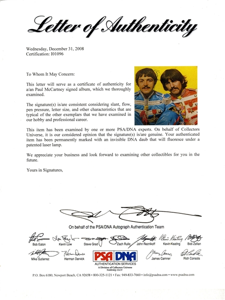 Paul McCartney Signed ''Sgt. Pepper's Lonely Hearts Club Band'' Album -- With PSA/DNA COA