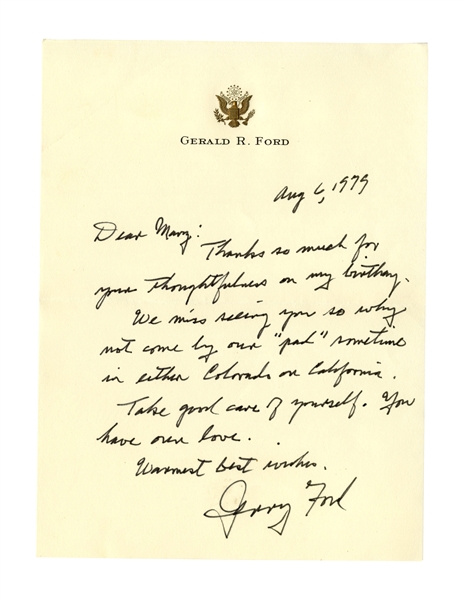 Gerald Ford Autograph Letter Signed From 1979 -- ''...why not come by our 'pad' sometime...''
