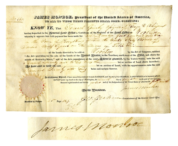 James Monroe Land Grant Signed for Property in Perrysville, Ohio Along the Erie River