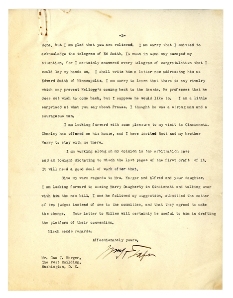 William Taft Letter Signed as Supreme Court Chief Justice -- Taft Talks Politics & Taxes: ''...I don't want to complain, but this year...present income tax law will make me pay very heavily...''