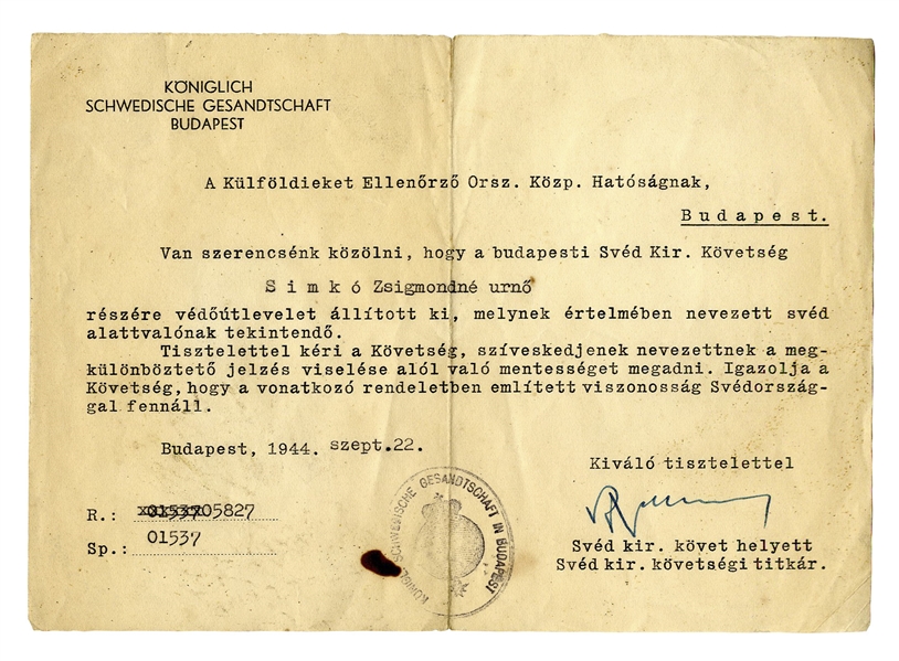 Raoul Wallenberg Signed Document From 1944, Exempting a Jewish Person From Having to Wear the Star of David -- Very Rare