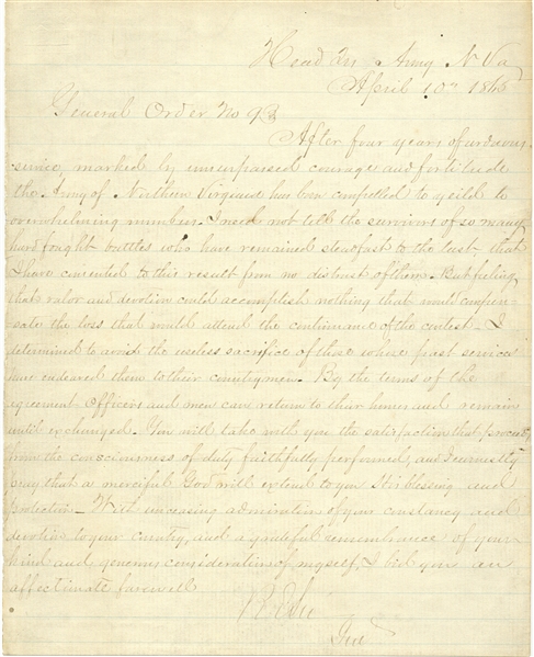 Robert E. Lee Signed General Order No. 9, Bidding Farewell to His Army -- Signed With His Rank of ''Genl'', Indicating an Appomattox Copy