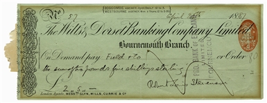 Robert Louis Stevenson Signed Check -- From 1887, Shortly After He Published Strange Case of Dr Jekyll and Mr Hyde