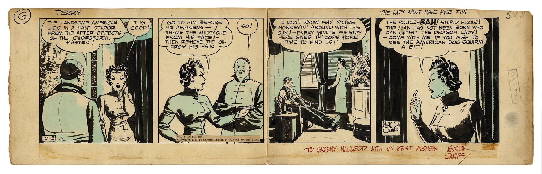''Terry and the Pirates'' Original Comic Strip by Milton Caniff From 1936 -- The Dragon Lady Has ''Her Fun'' by Drugging the ''Handsome American''