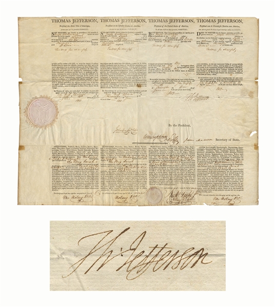 Thomas Jefferson Four-Language Ship's Paper Signed as President -- Countersigned by James Madison as Secretary of State