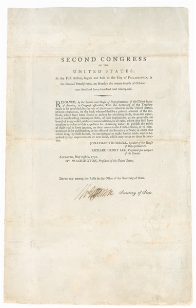 Thomas Jefferson Signed Document From the Second Session of Congress -- Jefferson Approves Funding to Desalinate Water