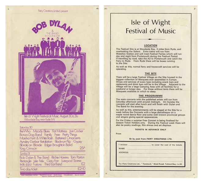 Bob Dylan 1969 Concert Handbill for the Isle of Wight Festival -- Dylan's Comeback Show After 3 Years of Semi-Retirement
