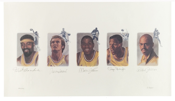 Lithograph of the Los Angeles Lakers Legends Signed by Wilt Chamberlain, Jerry West, Magic Johnson, Elgin Baylor and Kareem Abdul-Jabbar -- Limited Edition