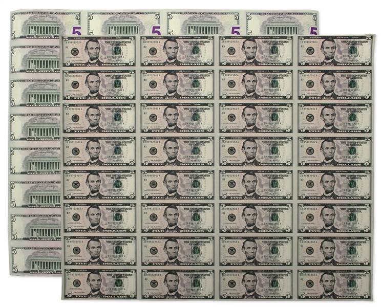 2006 Uncut Sheet of 32 $5 Federal Reserve Notes -- Near Fine -- With Original Tube From Bureau of Engraving & Printing