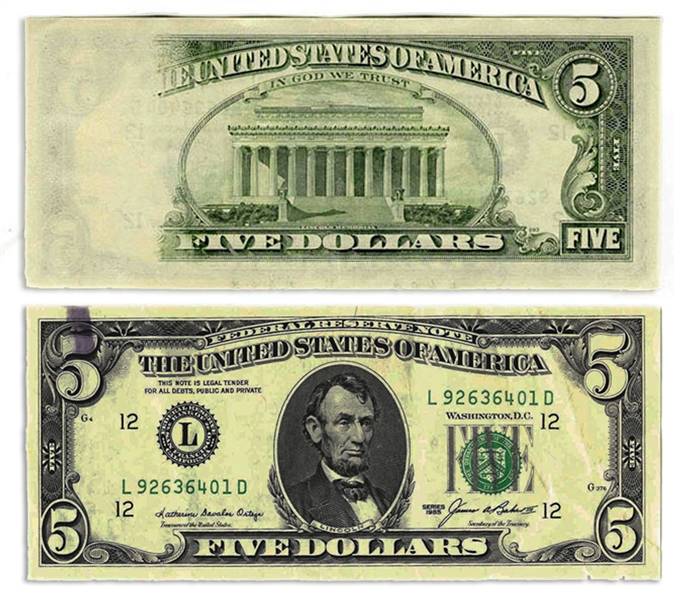 $5 Federal Reserve Error Note -- Series 1985, San Francisco -- Insufficient Ink to Verso