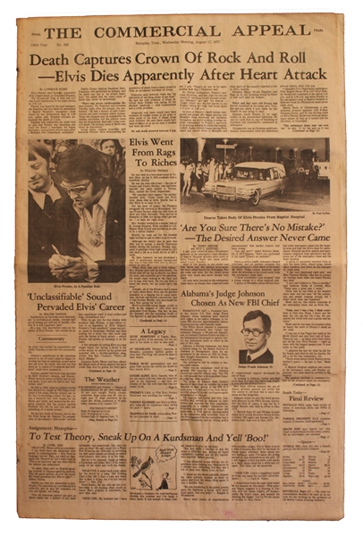 Elvis Presley Death Newspaper -- Special Edition From Memphis, Elvis' Hometown, Following His 16 August 1977 Death
