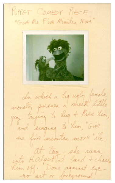 Jim Henson Handwritten Notes of a ''Muppets'' Segment From a Very Early TV Special -- ''PUPPET COMEDY PIECE'' -- With Original Polaroid of Gonzo & Beautiful Day Monster