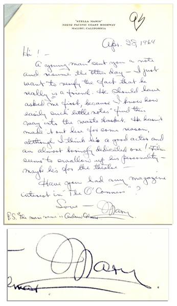 Mary Astor Autograph Letter Signed to Her Agent Regarding Her Novel -- ''...Have you had any magazine interest in 'The O'Connors'?...''