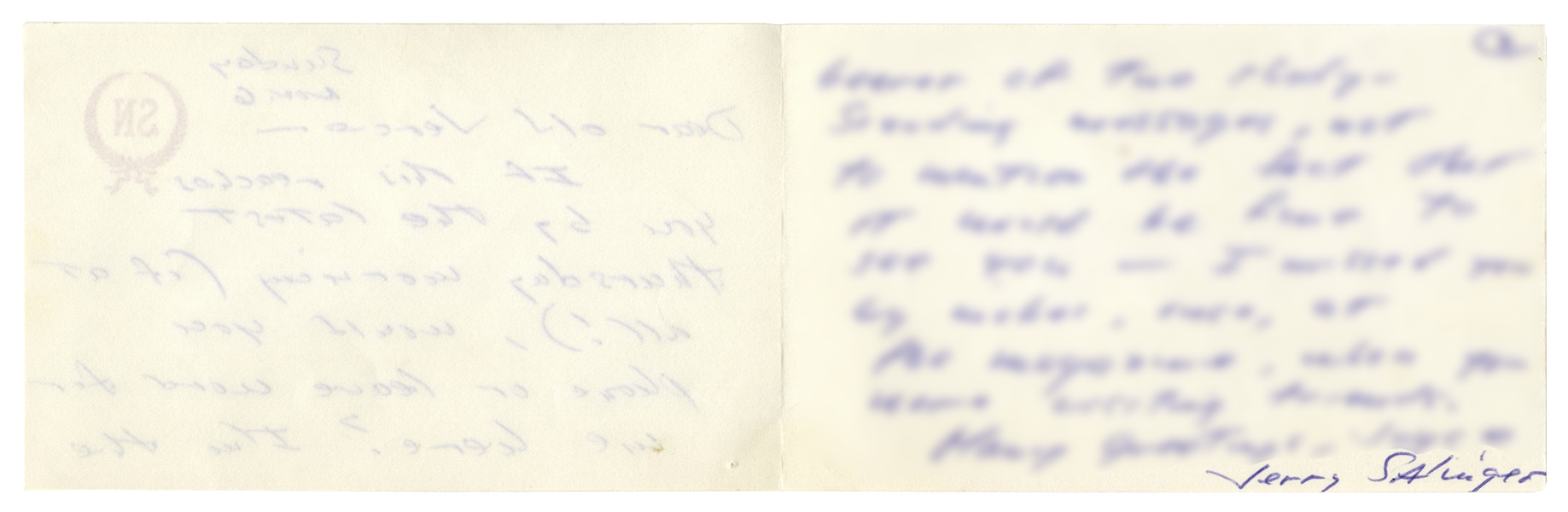 J.D. Salinger Autograph Letter Signed -- ''...I missed you by inches, once...''