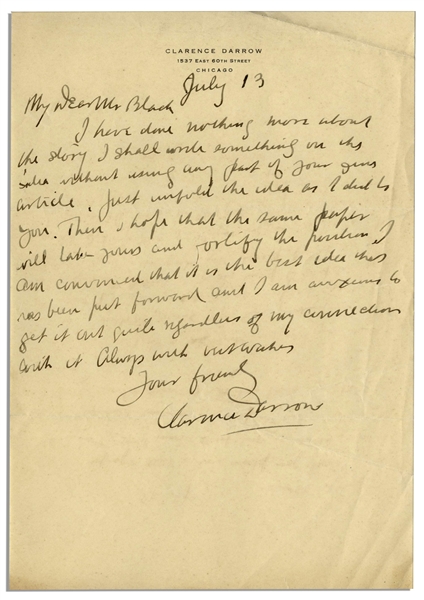 Clarence Darrow Autograph Letter Signed Regarding Prohibition