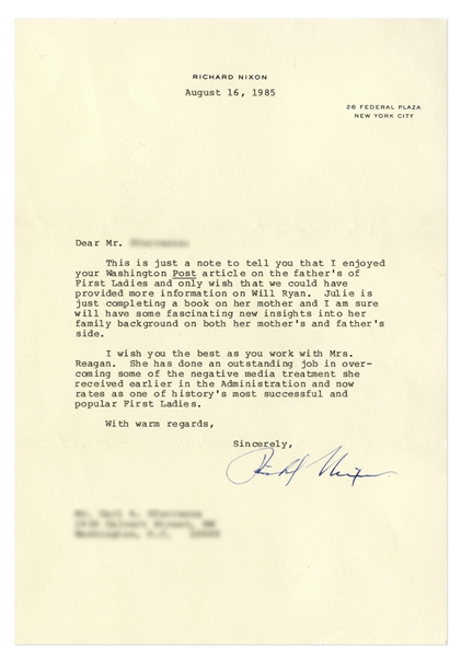 Richard Nixon Letter Signed in 1985 Regarding First Lady Nancy Reagan -- ''...Mrs. Reagan...has done an outstanding job in overcoming some of the negative media treatment she received earlier...''