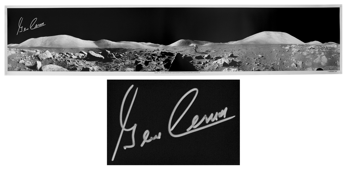 Gene Cernan Signed 40'' Panoramic Photo of the Lunar Surface