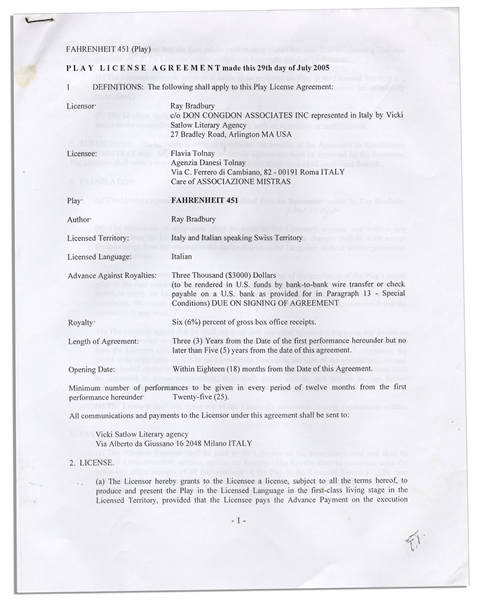 Ray Bradbury Document Signed Regarding the Rights for the Stage Version of His Masterpiece ''Fahrenheit 451''
