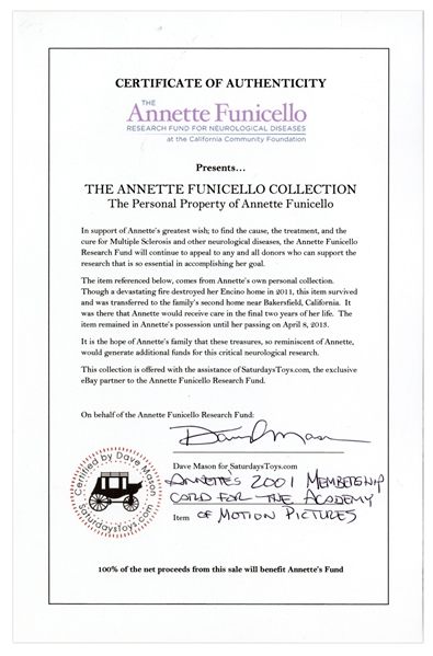 Annette Funicello Motion Picture Academy Membership Card From 2001 -- With COA From Funicello Research Fund