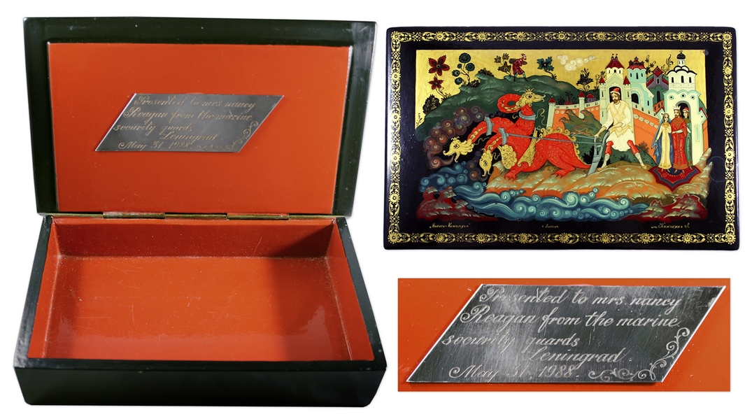 Ronald & Nancy Reagan Personally Owned Russian Box -- Displayed at the White House & With Plaque Engraved for Nancy Reagan
