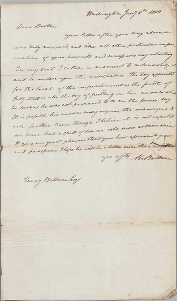 Founding Father Abraham Baldwin Autograph Letter Signed as U.S. Senator Regarding Impeachment Trial of Supreme Court Justice Samuel Chase