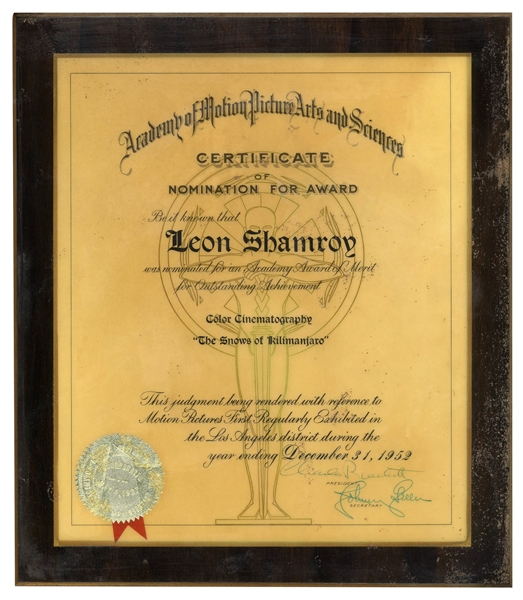 1952 Academy Award Nomination for ''The Snows of Kilimanjaro'' -- Presented to Leon Shamroy, the Famed Cinematographer