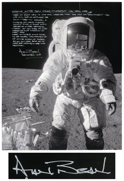 Alan Bean Signed 16'' x 20'' Lunar Photo With Fantastic Handwritten Detail on Working in His Space Suit -- ''...As you can see, both legs are getting dirty with moon dust...''