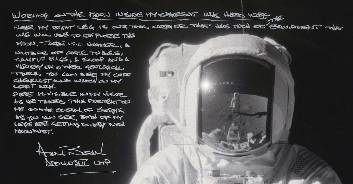 Alan Bean Signed 16'' x 20'' Lunar Photo With Fantastic Handwritten Detail on Working in His Space Suit -- ''...As you can see, both legs are getting dirty with moon dust...''