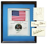Exceptionally Scarce Apollo 11 Space-Flown U.S. Flag -- Affixed to a NASA Certificate Signed by Each of the Apollo 11 Crew Members: Neil Armstrong, Michael Collins & Buzz Aldrin