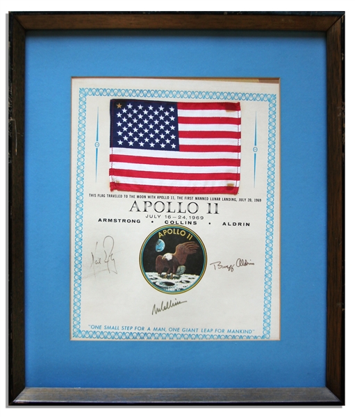 Exceptionally Scarce Apollo 11 Space-Flown U.S. Flag -- Affixed to a NASA Certificate Signed by Each of the Apollo 11 Crew Members: Neil Armstrong, Michael Collins & Buzz Aldrin