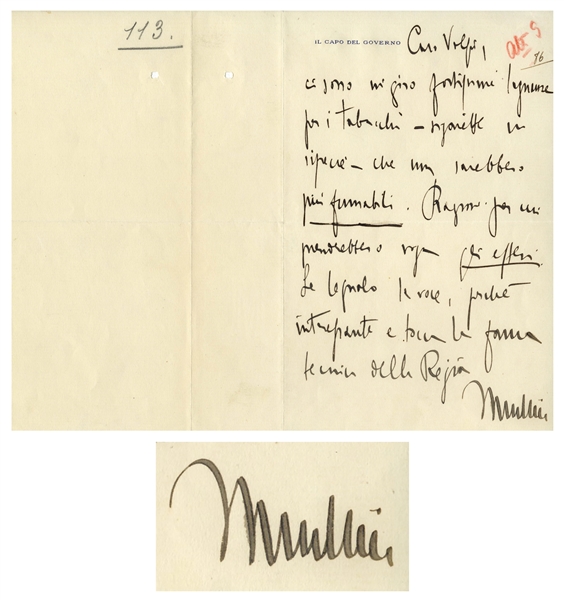 Benito Mussolini Autograph Letter Signed -- ''...the cigarettes...are no longer smokeable...''