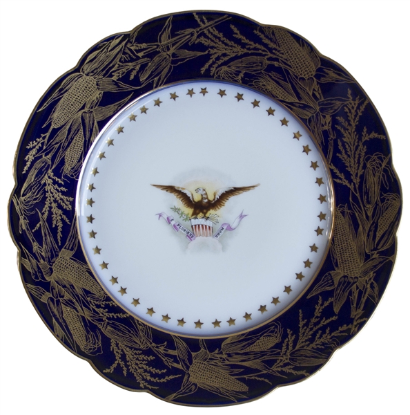 Dramatic China Plate From the Benjamin Harrison Administration -- Blue Border Accented by Goldenrod & Encircled With 44 Stars