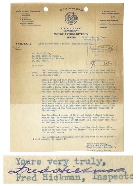 Bonnie & Clyde Document From January 1934 -- From the Texas State Highway Patrol on the Whereabouts of the Gang After the Eastham Prison Breakout